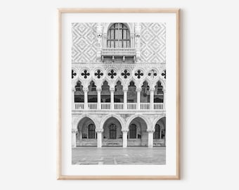 Venice Italy print, Venice wall art, Doges Palace Gothic architecture, black and white photo, Italy travel poster, Italy photography