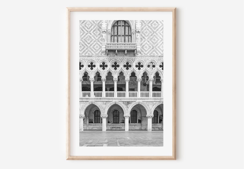 Venice Italy print, Venice wall art, Doges Palace Gothic architecture, black and white photo, Italy travel poster, Italy photography image 1
