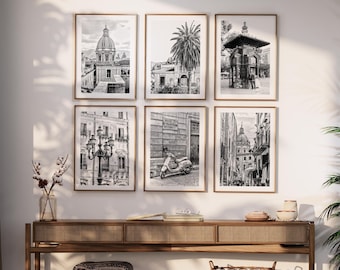 Set di 6 stampe artistiche da parete di Palermo, Sicilia - Fotografie in bianco e nero dell'Italia, decorazioni murali siciliane, arte di viaggio minimalista