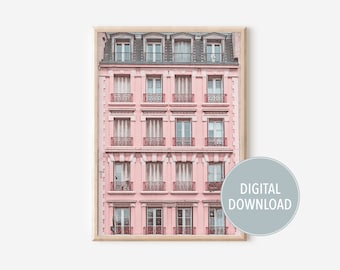 Pink Paris Architecture Print - Parisian Apartment Building Photography, House Facade Wall Art, French Cityscape Decor  (Digital Download)