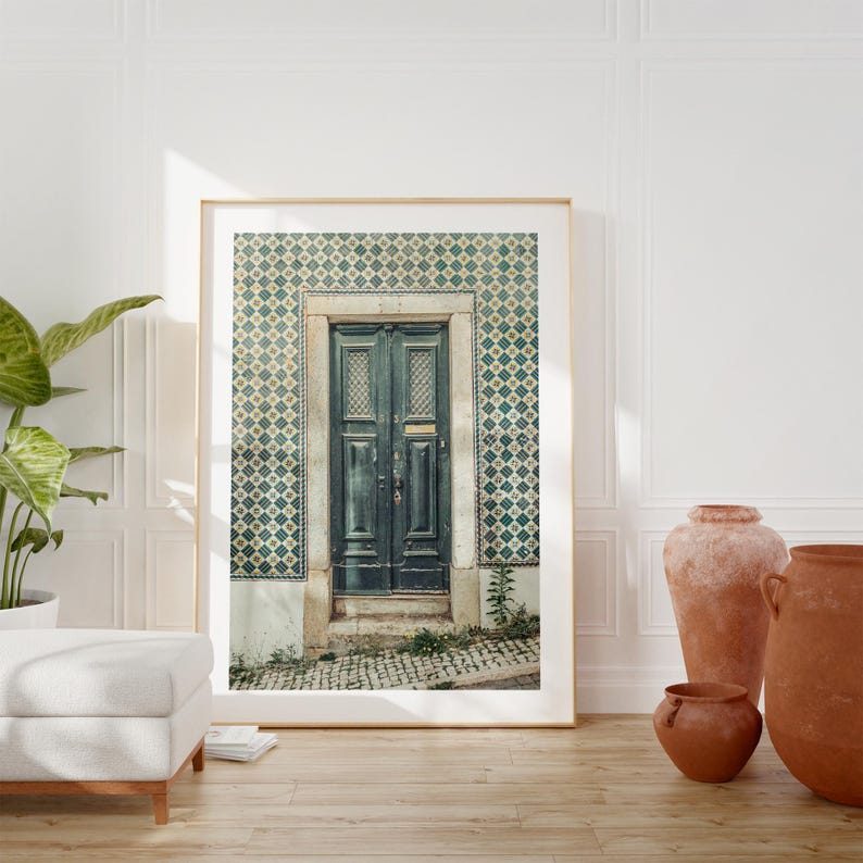 Portugal Art Print, Lisbon Wall Art, Vintage Green Portuguese Door Photo, Azulejo Tile Architecture Poster, Rustic European Home Decor image 2