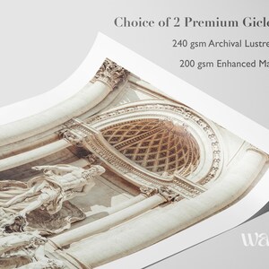 May include: A print of the Trevi Fountain featuring a central statue of Oceanus, columns, and an arched ceiling. Text reads: Choice of 2 Premium Giclee Papers: 240 gsm Archival Lustre Photo Paper or 200 gsm Enhanced Matte Art Paper and wanderly ART.