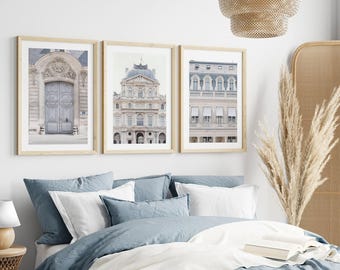Paris Wall Art Set of 3, French Architecture Prints, Louvre, Paris Blue Door Photography, Neutral Gallery Wall Set