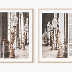 Versailles photography, Hall of Mirrors Paris print set, Chandeliers, Gold statues, French baroque architecture, Palace of Versailles prints