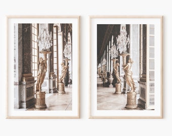 Versailles photography, Hall of Mirrors Paris print set, Chandeliers, Gold statues, French baroque architecture, Palace of Versailles prints