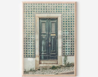 Lisbon Door Wall Art – Portugal Photography Print, Vintage Green Door, Rustic European Decor, Green Boho Wall Art, Portuguese Tiles Print