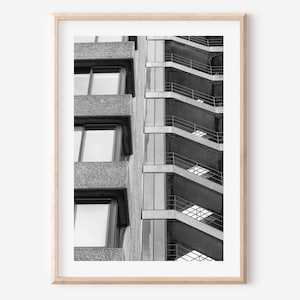 Barbican Centre London print, Brutalist architectural modernism wall art, concrete staircase, London black and white photo, Brutalism print
