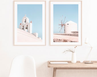 Santorini print set, Greece gallery wall set, pastel boho photo set of two prints, Greece poster, Greek windmill, Greece bedroom decor