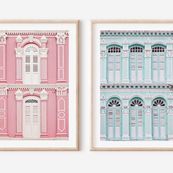 Singapore set of 2 prints, pastel Shophouses, Asia travel poster, Pastel aesthetic house wall art, Pink blue candy coloured shop house