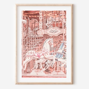 Pink vintage Paris carousel horse print, Paris carousel nursery wall art, Merry go round photo, Pastel toned french shabby chic art print