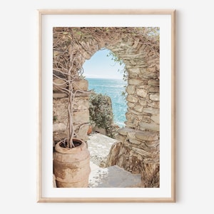 Mediterranean wall art, ocean view, Italy coastal wall art, Cinque terre photography print, stone archway, travel poster, ocean art