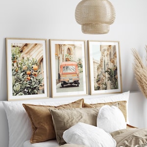 Conjunto de 3 quadros decorativos da Sicília, Itália – Fotografias de rua de Siracusa, Laranjeira, Piaggio e Arquitetura Mediterrânea