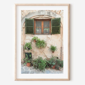 Mallorca print, Spain photo, Green shutters print, Rustic farmhouse wall art, neutral wall art, Spanish architecture, Mediterranean decor image 1
