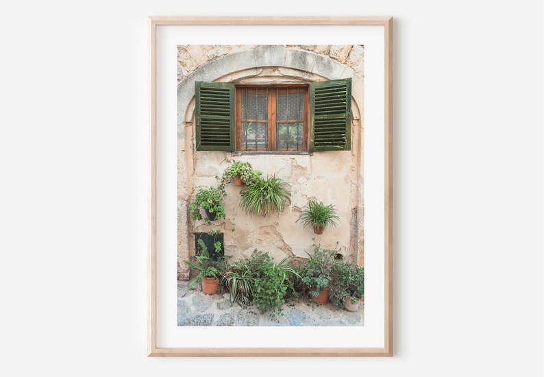 Mallorca print, Spain photo, Green shutters print, Rustic farmhouse wall art, neutral wall art, Spanish architecture, Mediterranean decor image 1