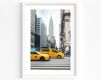 New York yellow taxi print, Chrysler Building, New York wall art, United States photo, Manhattan urban wall decor, Poster wall art NYC