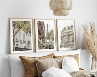 Paris Wall Art Set of 3 – Neutral Toned Photography Prints, Eiffel Tower, Haussmann Architecture, Paris Street Scenes