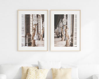 Spiegelzaal Versailles muurkunst set van 2 - Franse paleisafdrukken, gouden standbeelddecor, elegante Parijse fotografie voor neutraal interieur