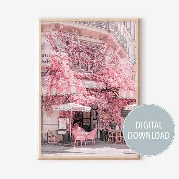 Paris print, Paris floral cafe art print, La Favorite pink cafe, flower cafe, downloadable Paris art, Paris photography, Parisian decor