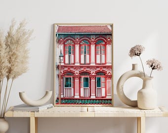 Singapore Wall Art, Peranakan Shophouse Print, Red Heritage Architecture Photography, Asian Travel Gallery Decor