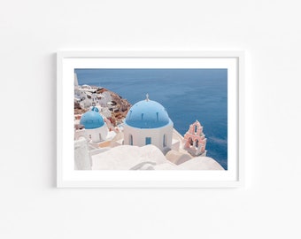 Greece wall art, Oia Santorini print, Blue domes, blue ocean wall art, ocean photography, coastal wall art, travel poster, large landscape