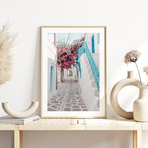 Paros Greece print, Coastal Greece, Greek Island white town print, bougainvillea, modern Mediterranean village, white washed Greek street image 4