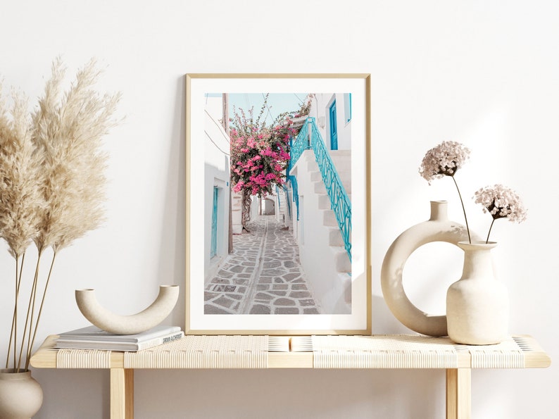 Paros Greece print, Coastal Greece, Greek Island white town print, bougainvillea, modern Mediterranean village, white washed Greek street image 4