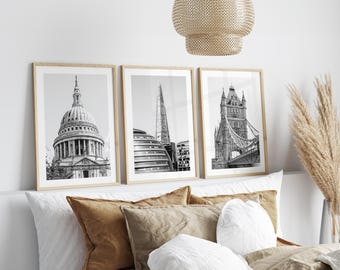 London set of 3 prints, black and white London architecture wall art, Minimalist gallery wall set of Tower Bridge, St Pauls and The Shard