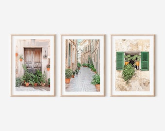 Mallorca Wall Art Set of 3 - Rustic Spanish Door & Window Prints, Earthy Green Boho Decor, Mediterranean Travel Photography, Spain Art