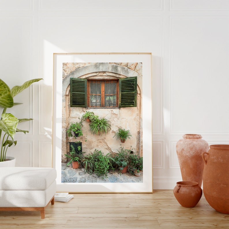 Mallorca print, Spain photo, Green shutters print, Rustic farmhouse wall art, neutral wall art, Spanish architecture, Mediterranean decor image 2