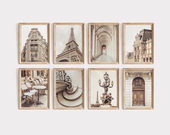 Paris Wall Art Set of 8, Neutral French Architecture Prints, Beige Gallery Wall Set, Eiffel Tower Parisian Photography Decor