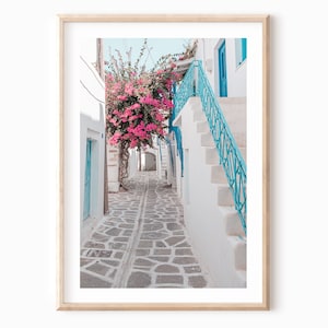 Paros Greece print, Coastal Greece, Greek Island white town print, bougainvillea, modern Mediterranean village, white washed Greek street image 1