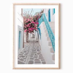 Paros Greece print, Coastal Greece, Greek Island white town print, bougainvillea, modern Mediterranean village, white washed Greek street