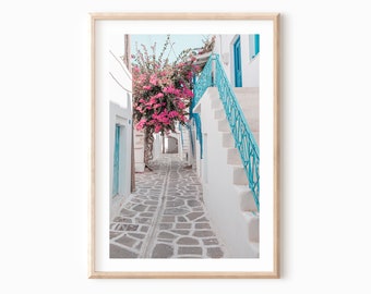 Paros Greece print, Coastal Greece, Greek Island white town print, bougainvillea, modern Mediterranean village, white washed Greek street