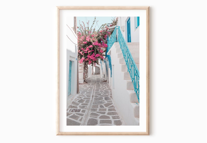 Paros Greece print, Coastal Greece, Greek Island white town print, bougainvillea, modern Mediterranean village, white washed Greek street image 1