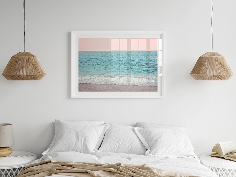 Pastel beach poster, ocean waves print, blush pink sunset photography, ocean print, coastal wall art, ocean photography, beach poster image 3