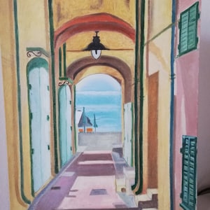 Painting made with oil colors. Alley in the historic center, Varigotti.
