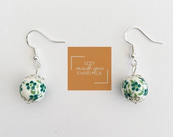 Green and white floral bead dangle drop earrings