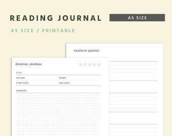 A5 Reading Journal Printable, Book Lovers Planner, Reading Journal Templates, A5 Planner Inserts, PDF Download, Book Review Planners