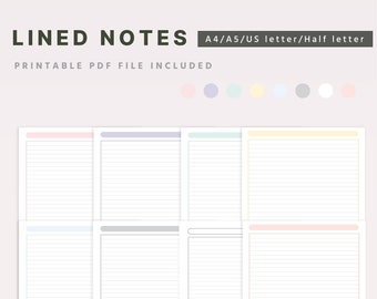 Lined Writing Paper, Lined Notes Printable, Study Note Template, Class Note PDF, Note Planner Insert, A5, A4, US Letter, Half Letter size