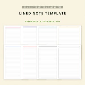 Färgglada linjerade anteckningar utskrivbara: A4, A5, US Letter-storlekar (PDF), enkel studieanteckning