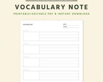 Vocabulary Note Printable: Language Learning Template (Editable Fillable PDF)