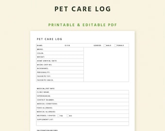 Editable Pet Care Log, Vet Visit & Vaccination Tracker (PDF)