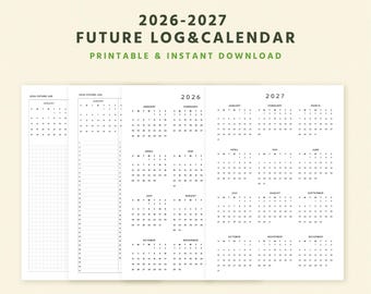 2026-2027 Future log, Year at a Glance Calendar, Editable PDF