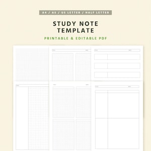 Könnte beinhalten: Eine druckbare Studiennotizvorlage im PDF-Format. Das Design umfasst mehrere Seiten mit Raster- und Linienlayouts für Notizen, Titel und Daten. Der Text auf dem Bild lautet "STUDY NOTE TEMPLATE" und "PRINTABLE & EDITABLE PDF".