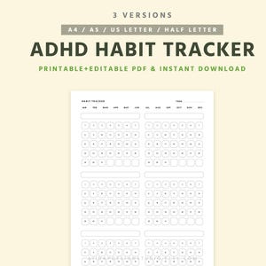 Könnte beinhalten: Ein druckbarer ADHD-Gewohnheitstracker mit weißem Hintergrund. Der Tracker enthält ein Kalenderlayout mit Feldern für tägliche Gewohnheiten. Der obere Teil des Bildes zeigt den Text "ADHD HABIT TRACKER" und "PRINTABLE+EDITABLE PDF & INSTANT DOWNLOAD".