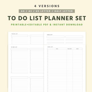 Puede incluir: Un conjunto de planificador de lista de tareas pendientes blanco con el texto "TO DO LIST PLANNER SET" en verde oscuro. El planificador incluye secciones para tareas, fechas de vencimiento y notas. También es visible el texto "PRINTABLE+EDITABLE PDF & INSTANT DOWNLOAD".