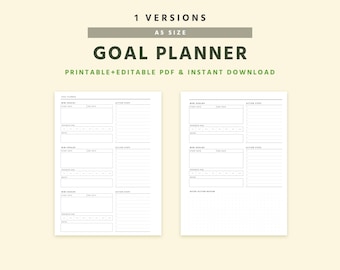 以下が含まれることがあります： 明るいベージュの背景に、デジタルA5サイズの目標プランナー。 「GOAL PLANNER」の文字は濃い緑色で、その下に「PRINTABLE+EDITABLE PDF & INSTANT DOWNLOAD」と書かれています。 目標とアクションステップのセクションがある、2つの白いプランナーページが表示されています。