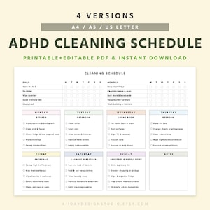 May include: A printable ADHD cleaning schedule with a light beige background. The schedule is divided into daily, weekly, and monthly tasks, with checkboxes for tracking. The title "ADHD Cleaning Schedule" is in a bold, green font.