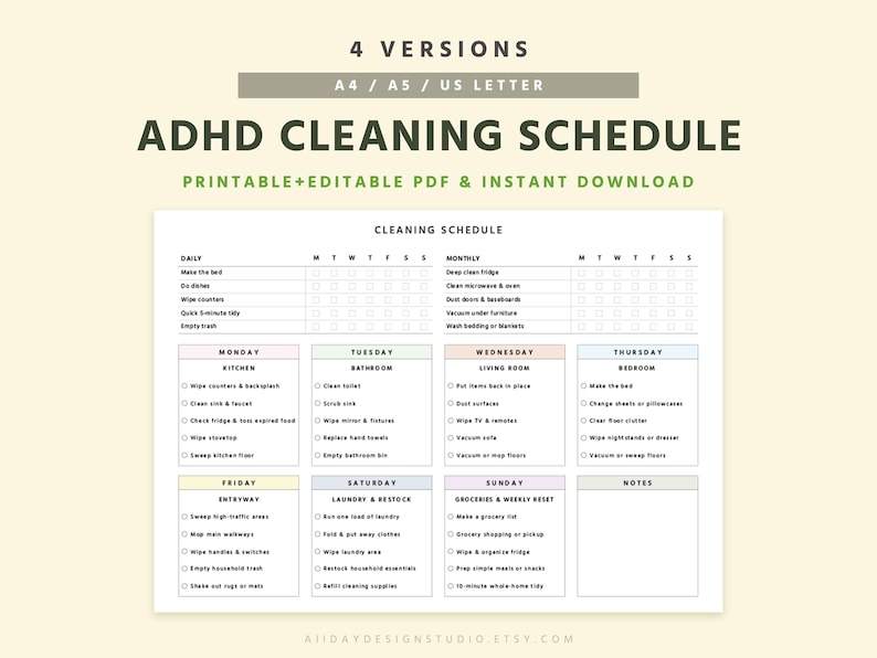 ADHD Cleaning Schedule Printable & Editable PDF, Weekly Checklist ...