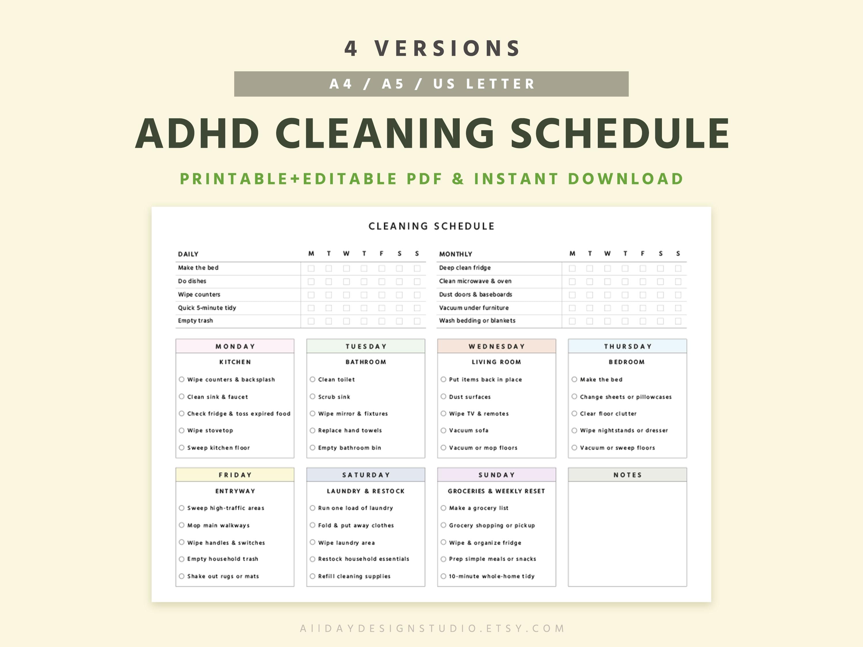 ADHD Cleaning Schedule Printable & Editable PDF, Weekly Checklist ...